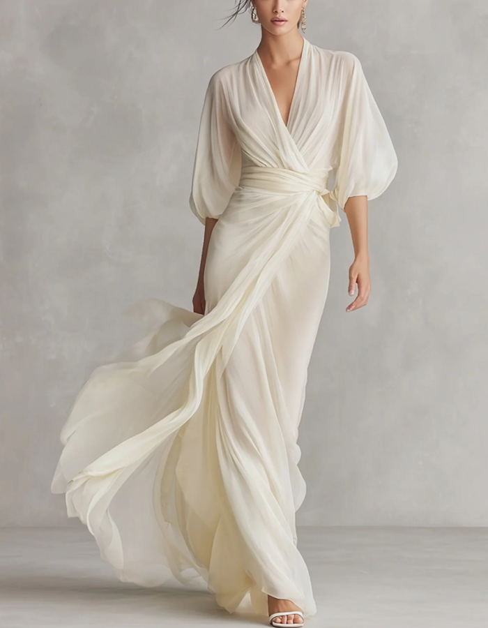 White Chiffon Wrap-in V-Neck Maxi Dress