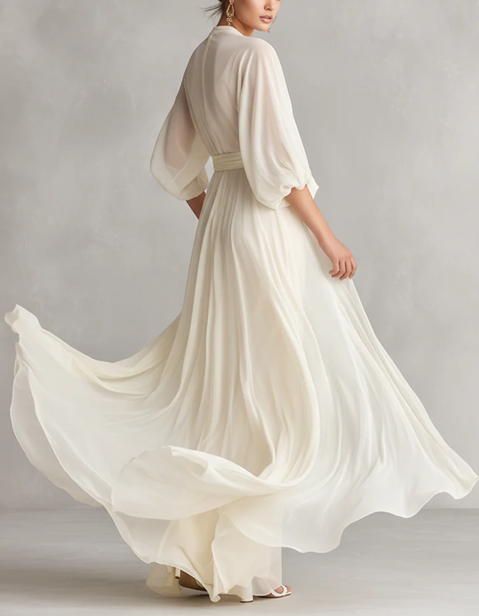 White Chiffon Wrap-in V-Neck Maxi Dress