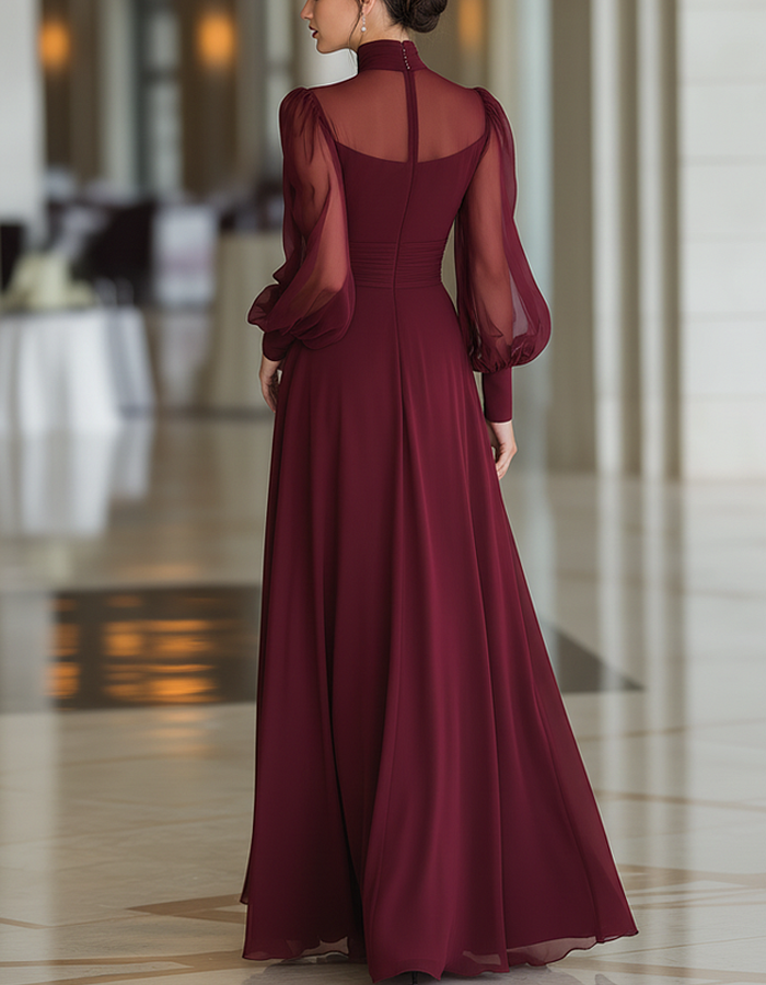 Burgundy Chiffon High-Neck Maxi Dress