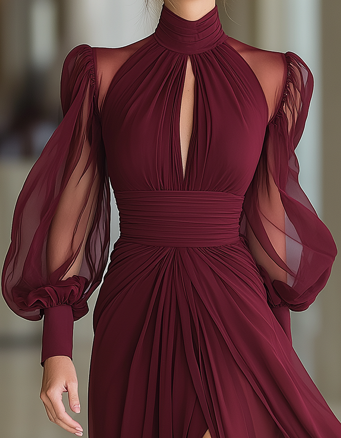 Burgundy Chiffon High-Neck Maxi Dress