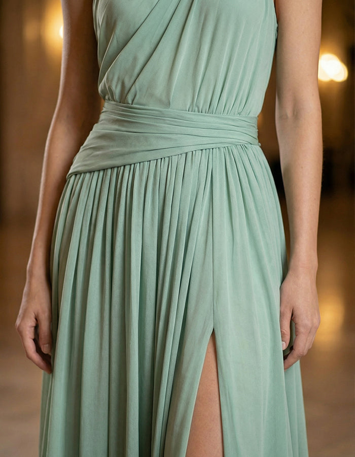Mint Green Chiffon One Shoulder 3D Floral Cinched Waist High Slit Maxi Dress