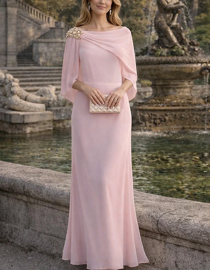 Solid Color Chiffon Off Shoulder Beaded Shawl Maxi Dress