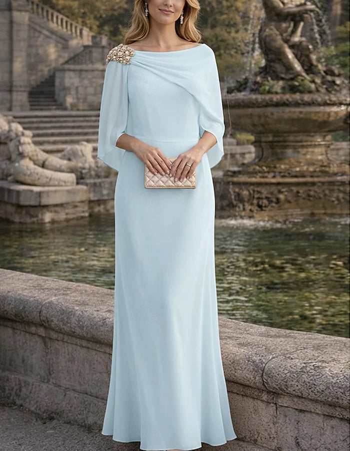 Solid Color Chiffon Off Shoulder Beaded Shawl Maxi Dress