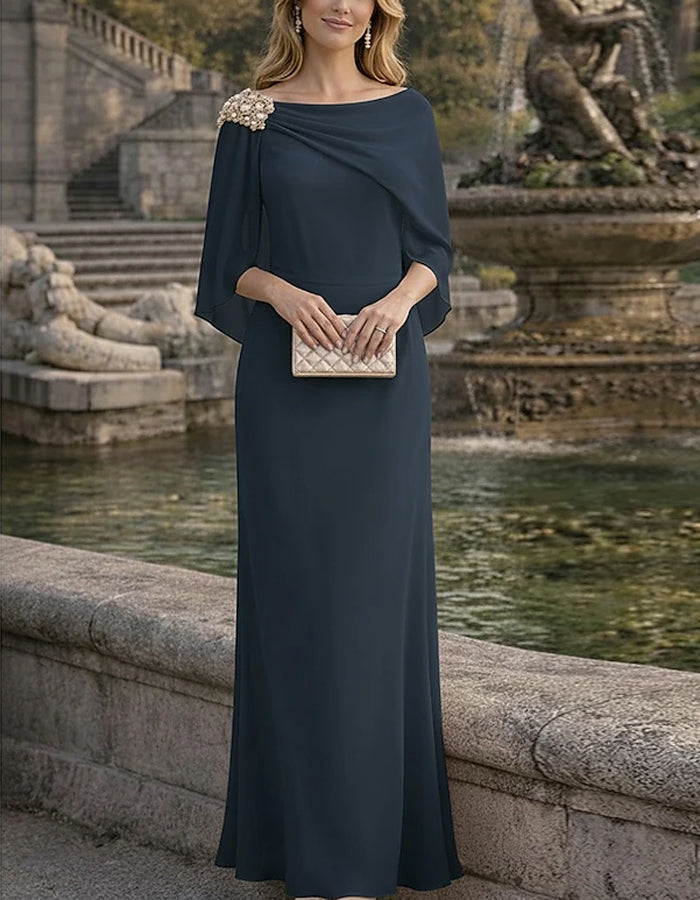 Solid Color Chiffon Off Shoulder Beaded Shawl Maxi Dress