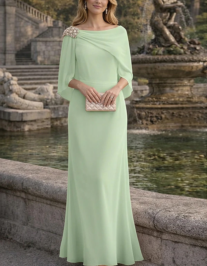 Solid Color Chiffon Off Shoulder Beaded Shawl Maxi Dress