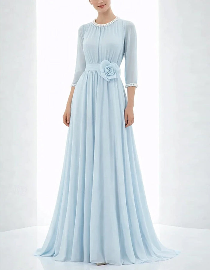 Solid Color Chiffon Pearl Round Neck 3D Floral Waist Maxi Dress
