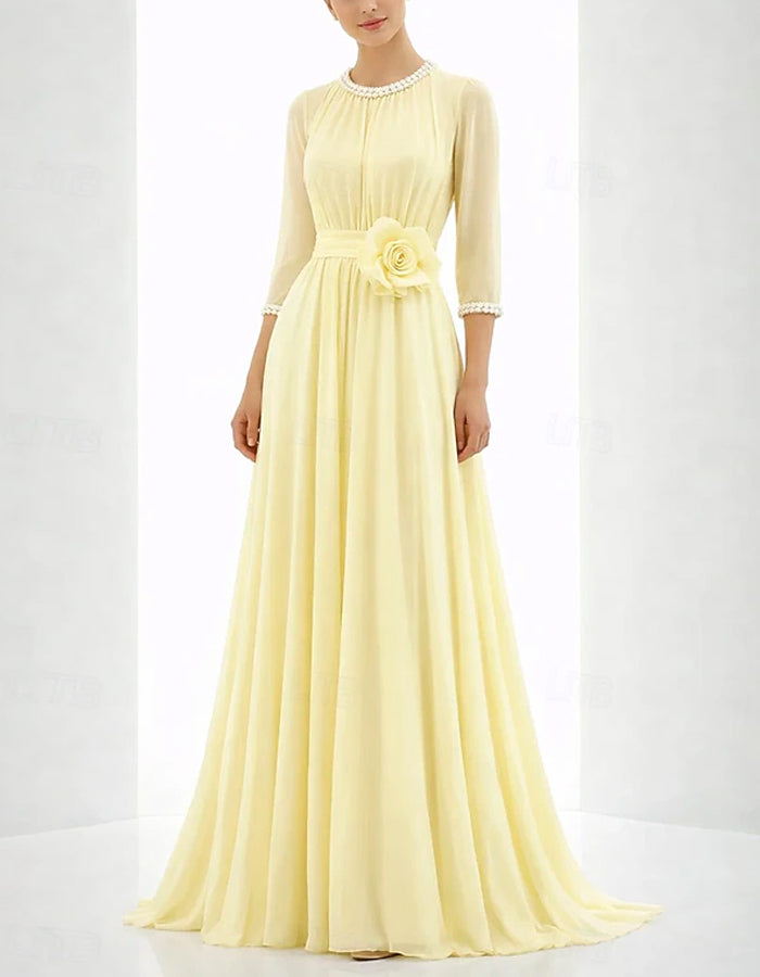 Solid Color Chiffon Pearl Round Neck 3D Floral Waist Maxi Dress