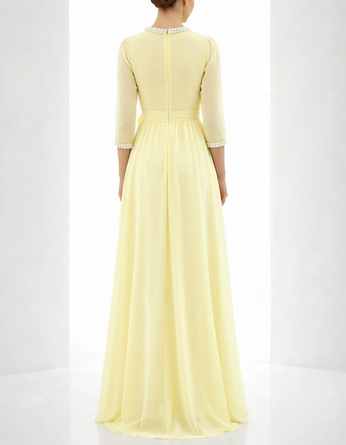 Solid Color Chiffon Pearl Round Neck 3D Floral Waist Maxi Dress