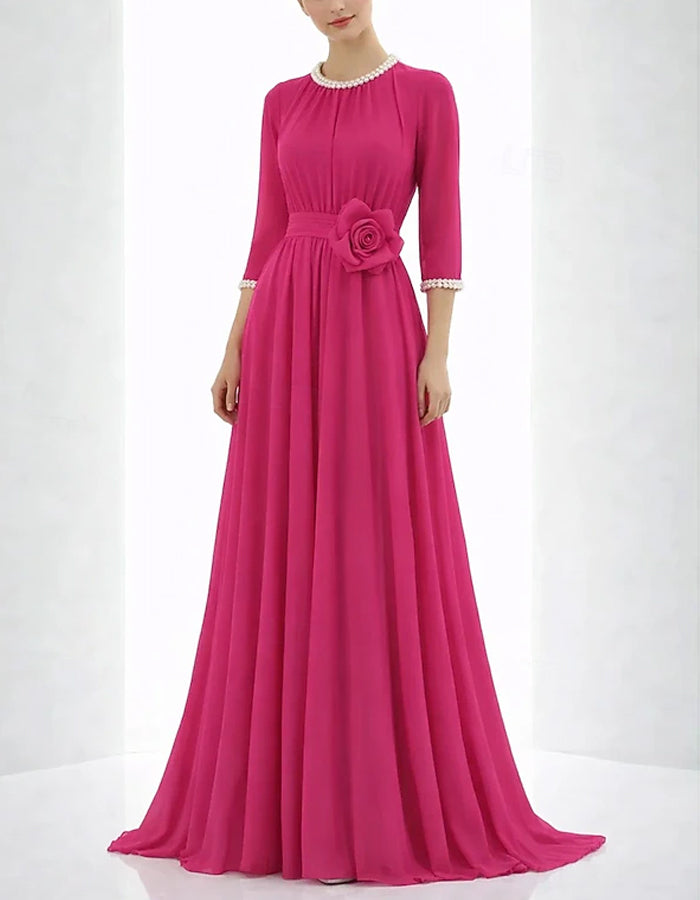 Solid Color Chiffon Pearl Round Neck 3D Floral Waist Maxi Dress