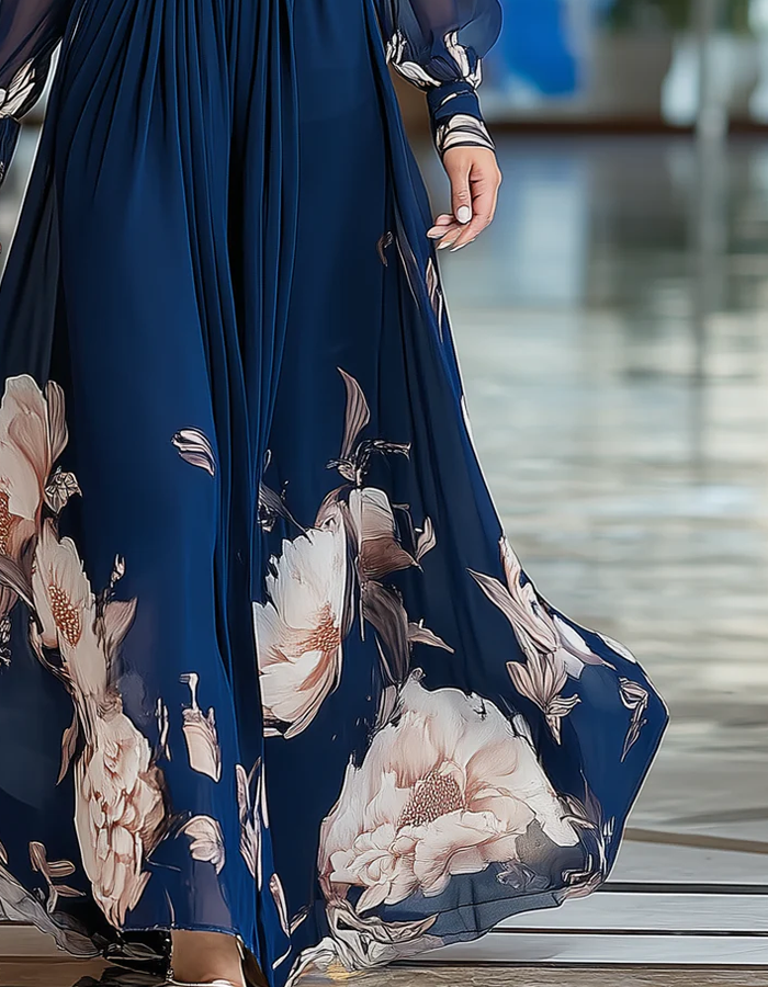 Navy Blue V-neck Chiffon Maxi Dress