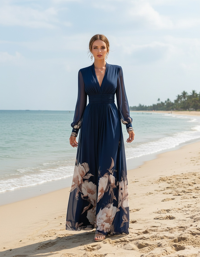 Navy Blue V-neck Chiffon Maxi Dress