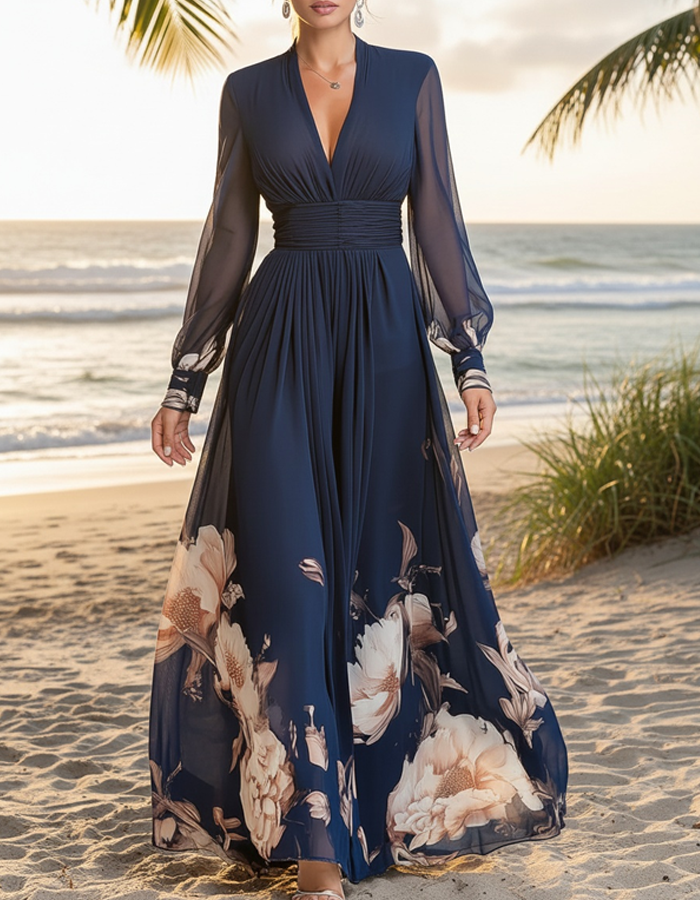 Navy Blue V-neck Chiffon Maxi Dress