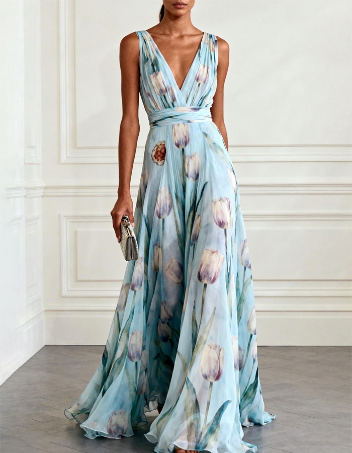 Light Blue Chiffon Tulip-print Deep V-neck Maxi Dress