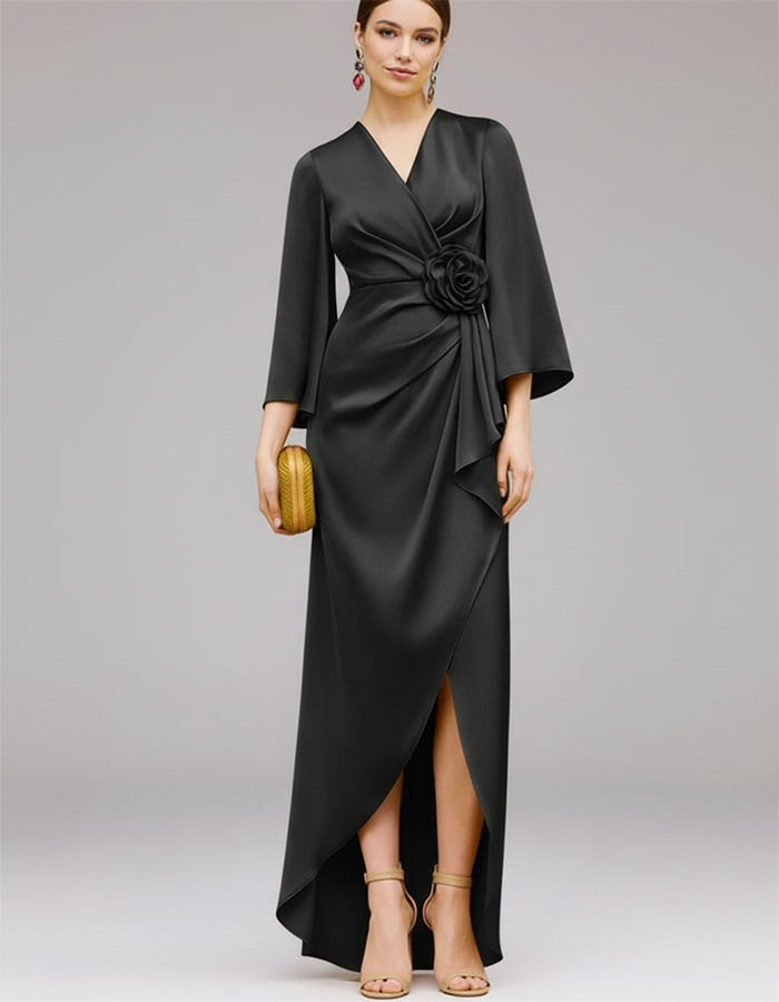 Luxury Satin Wrap-Style 3D Floral Maxi Dress