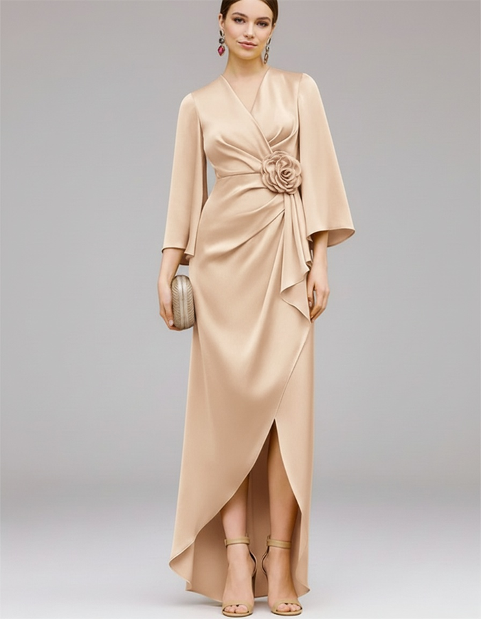 Luxury Satin Wrap-Style 3D Floral Maxi Dress