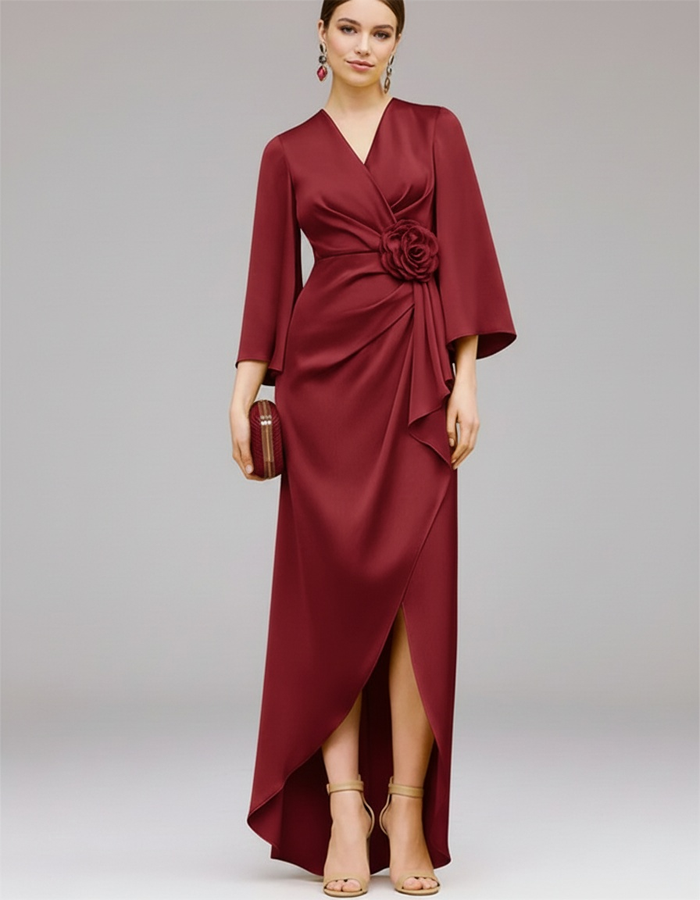Luxury Satin Wrap-Style 3D Floral Maxi Dress