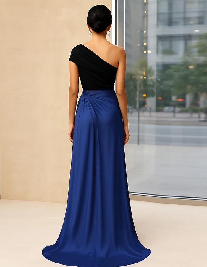 Color Blocked Satin One Shoulder Pleated Train Maxi Dress