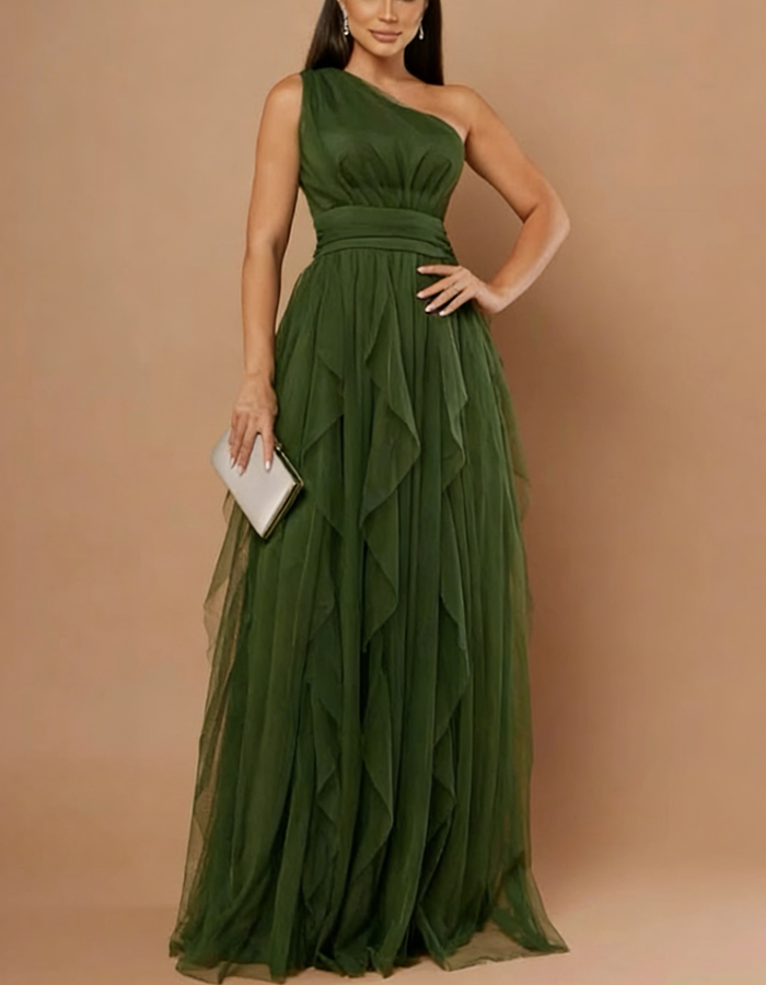 One-shoulder Fitted-waist Chiffon Maxi Dress