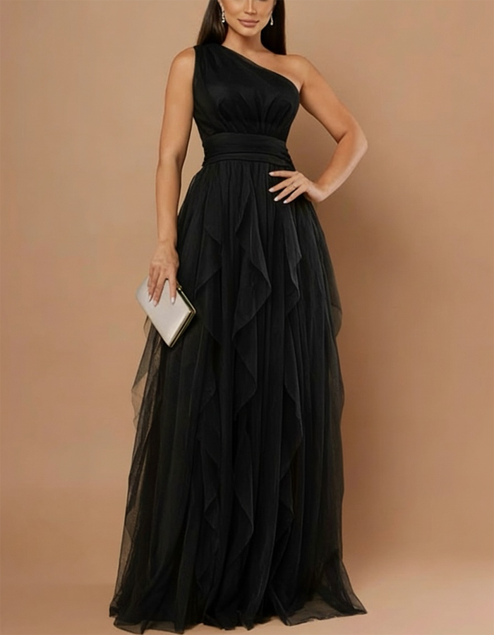 One-shoulder Fitted-waist Chiffon Maxi Dress