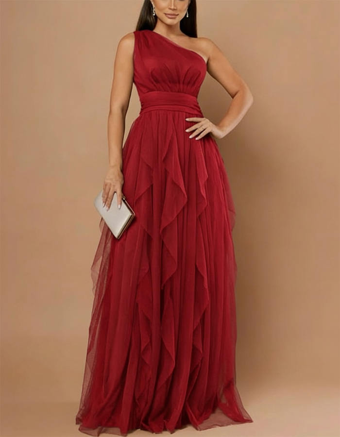 One-shoulder Fitted-waist Chiffon Maxi Dress
