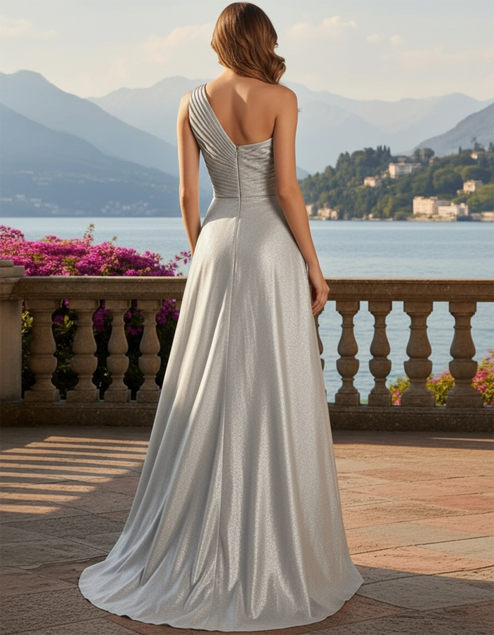 One-shoulder Pleated Satin Maxi Dress