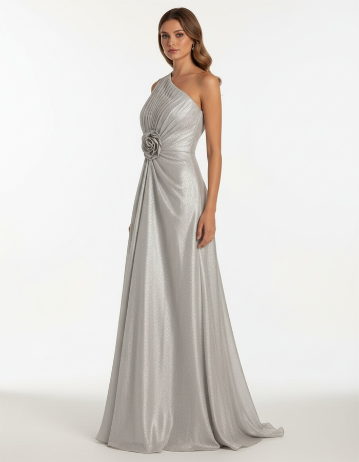 One-shoulder Pleated Satin Maxi Dress