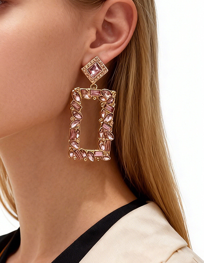 Geometric Square Clustered Rhinestone Earrings