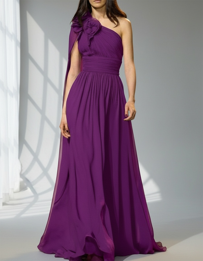 One-shoulder Pleated Chiffon Maxi Dress