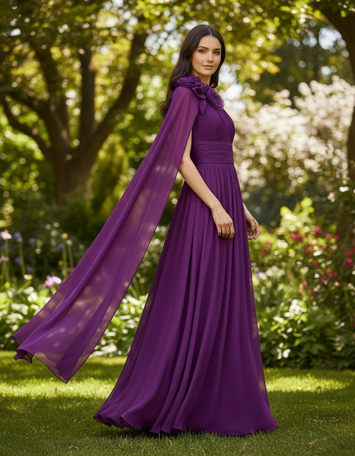 One-shoulder Pleated Chiffon Maxi Dress