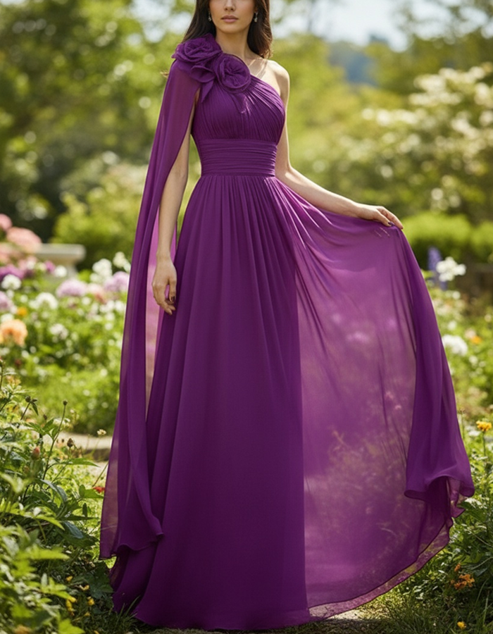 One-shoulder Pleated Chiffon Maxi Dress