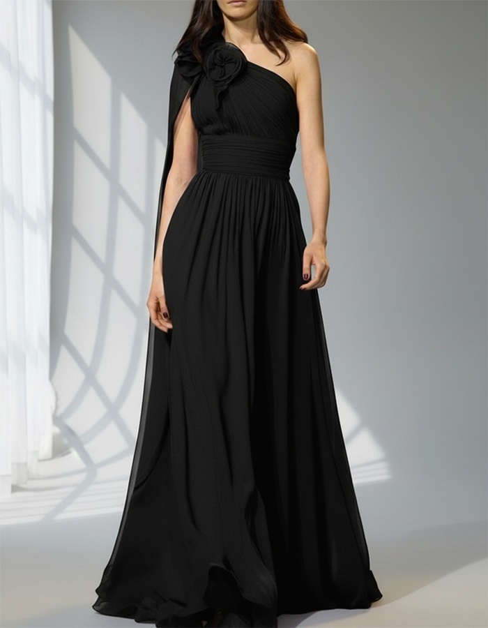One-shoulder Pleated Chiffon Maxi Dress