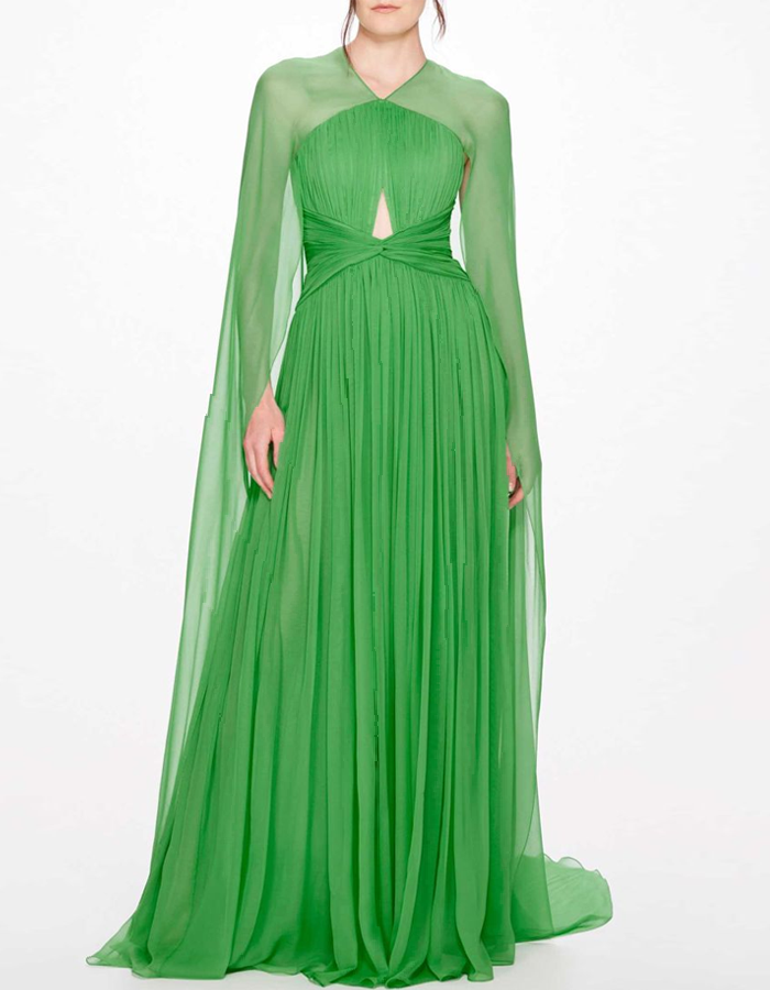 Cape-Sleeve Twisted Waist Pleated Chiffon Maxi Dress