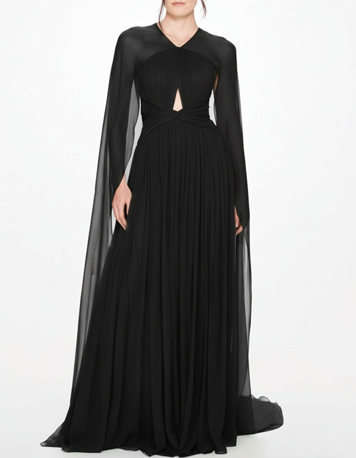 Cape-Sleeve Twisted Waist Pleated Chiffon Maxi Dress