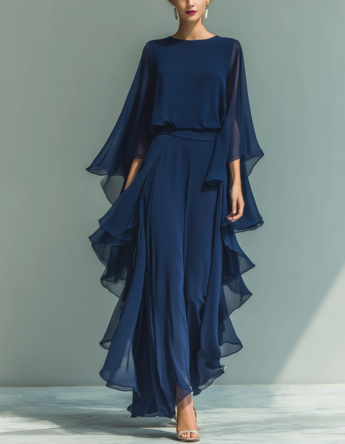 Navy Blue Chiffon Cape-Sleeve Ruffled Top and Pants 2-Piece Set