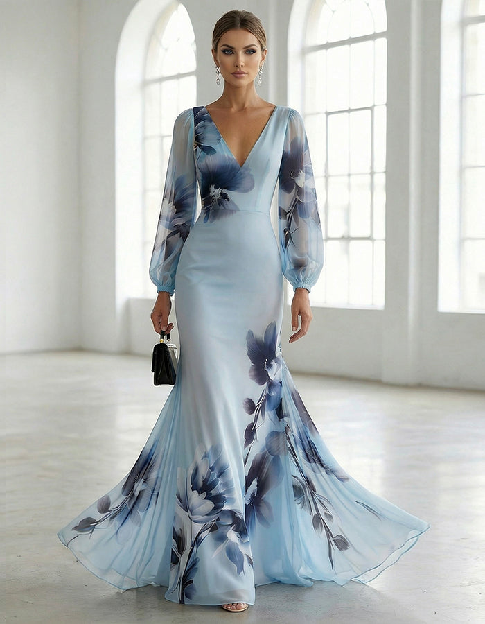 Light Blue Gradient Ink Wash Floral Chiffon V Neck Long Sleeves Maxi Dress