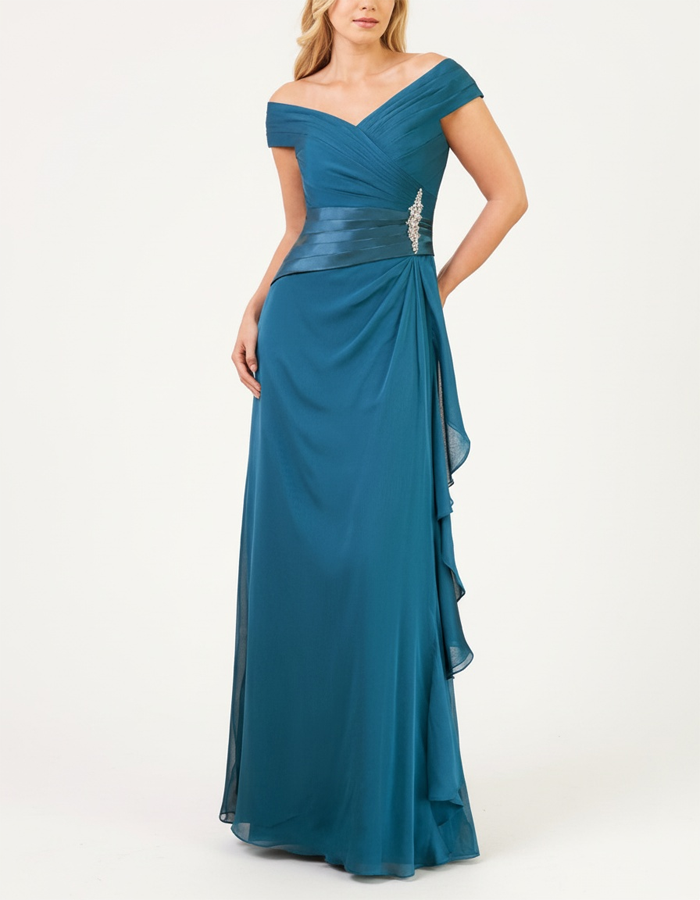 Off-Shoulder Crisscross Pleated Chiffon Maxi Dress