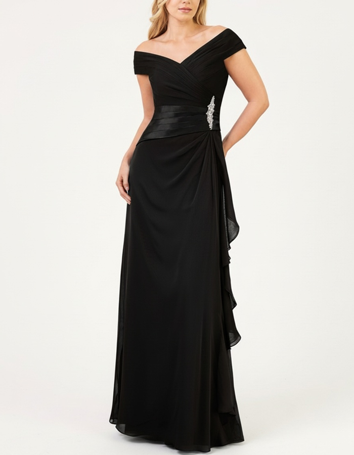 Off-Shoulder Crisscross Pleated Chiffon Maxi Dress