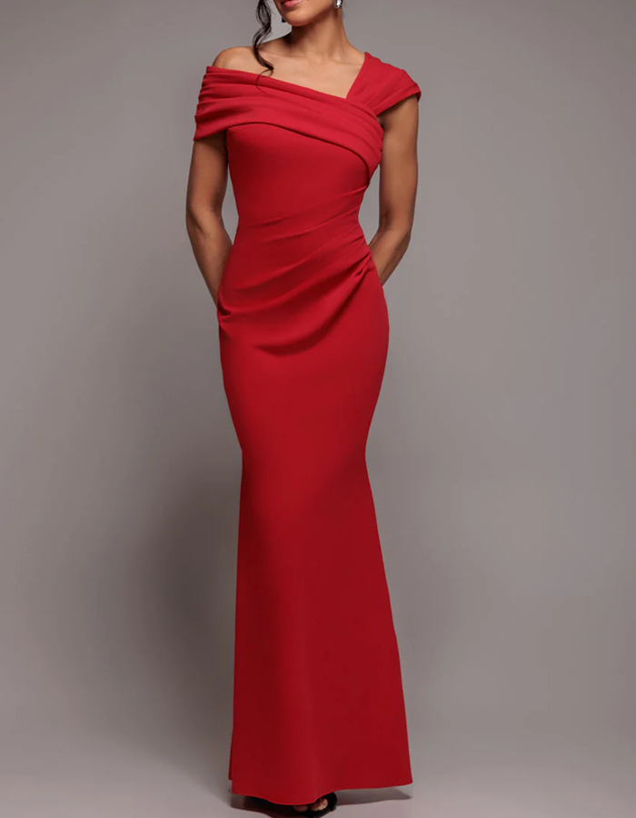 Asymmetrical Off-Shoulder Ruched Maxi Dress