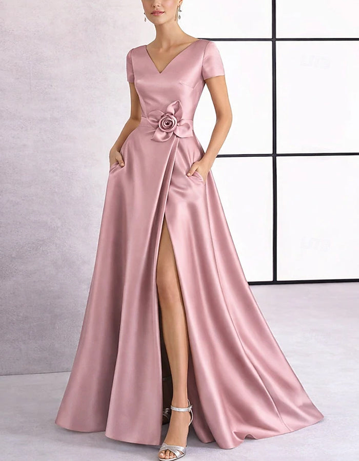 Solid Color Satin 3D Floral Embellishment V-Neck With Slit Maxi Dress