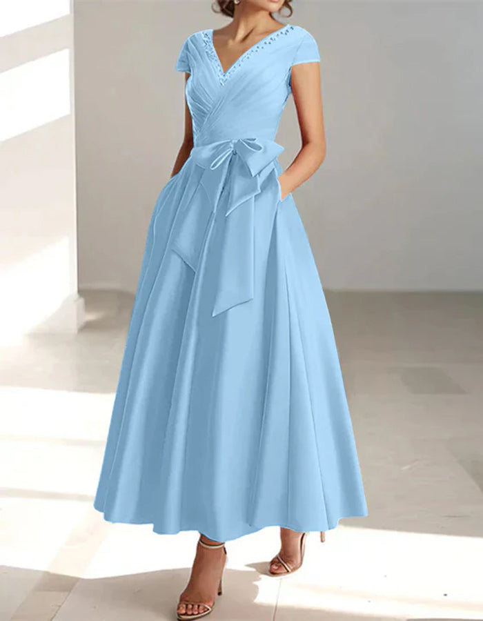 Solid Color Satin V-Neck Bow Waist Full  Maxi Dress
