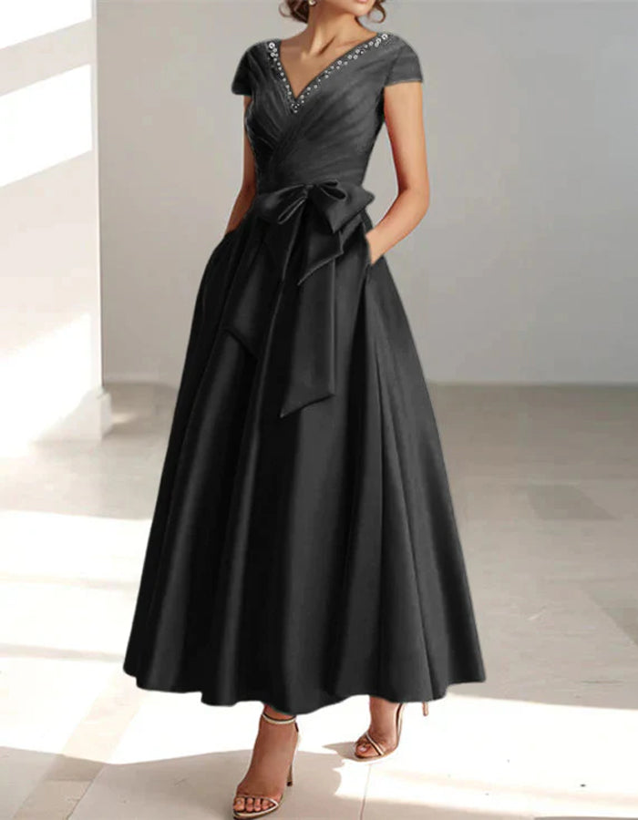Solid Color Satin V-Neck Bow Waist Full  Maxi Dress