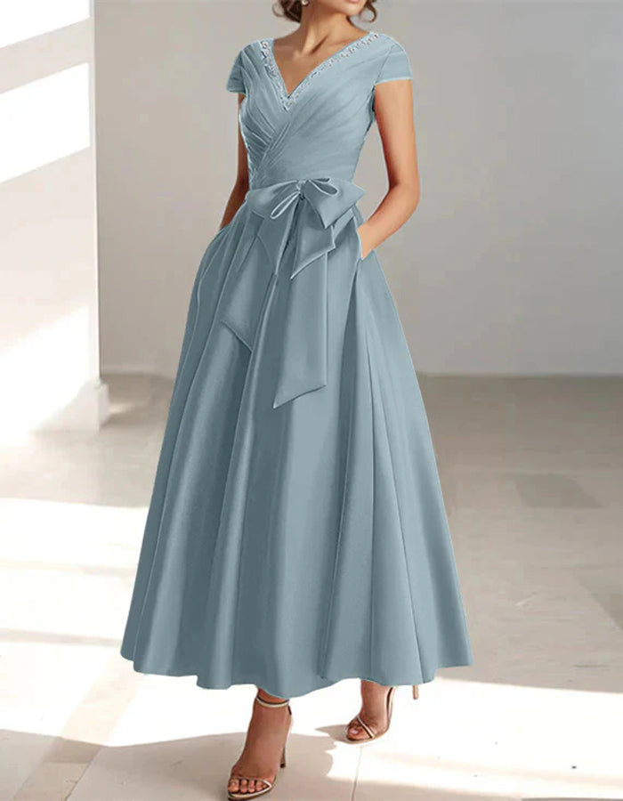 Solid Color Satin V-Neck Bow Waist Full  Maxi Dress