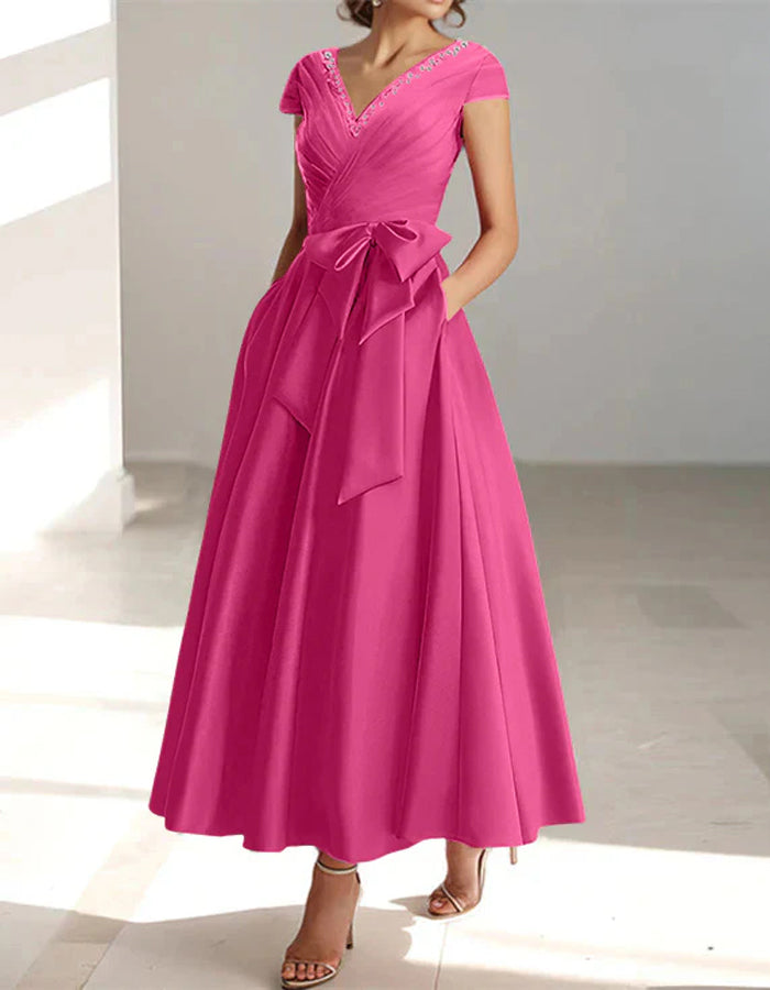 Solid Color Satin V-Neck Bow Waist Full  Maxi Dress