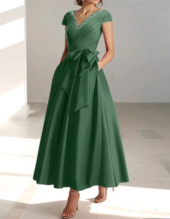Solid Color Satin V-Neck Bow Waist Full  Maxi Dress