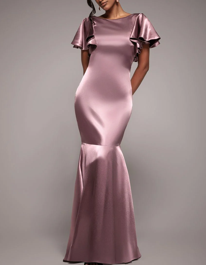 Vestido maxi de raso con cuello redondo, manga con volantes y corte sirena