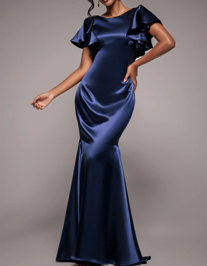 Vestido maxi de raso con cuello redondo, manga con volantes y corte sirena