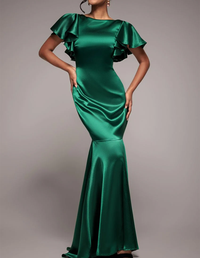 Vestido maxi de raso con cuello redondo, manga con volantes y corte sirena