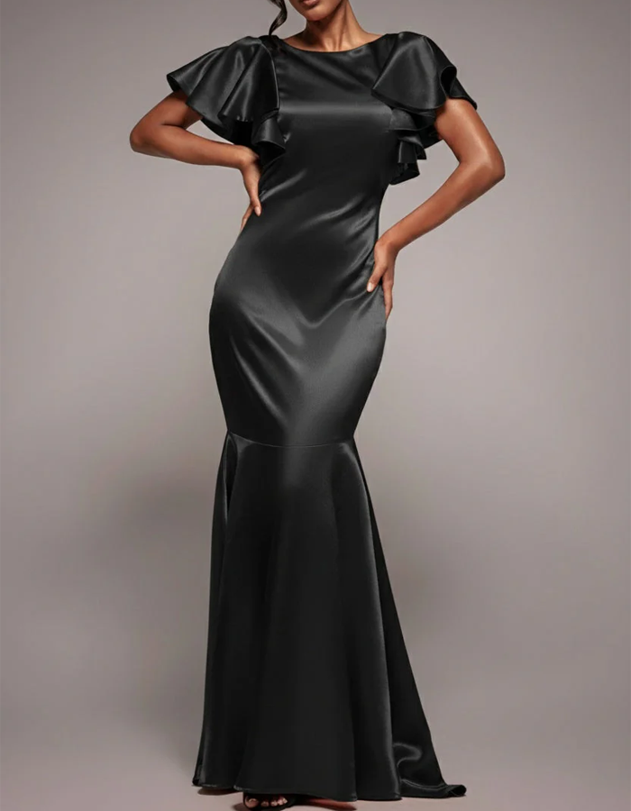 Vestido maxi de raso con cuello redondo, manga con volantes y corte sirena