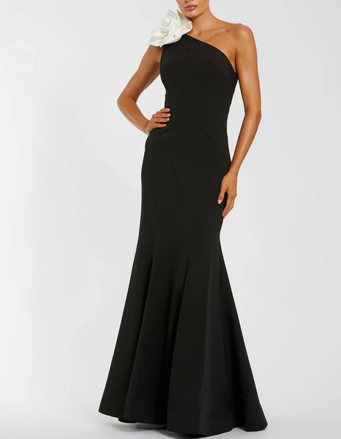 One-Shoulder With 3D Floral Embellishments Maxi Dress