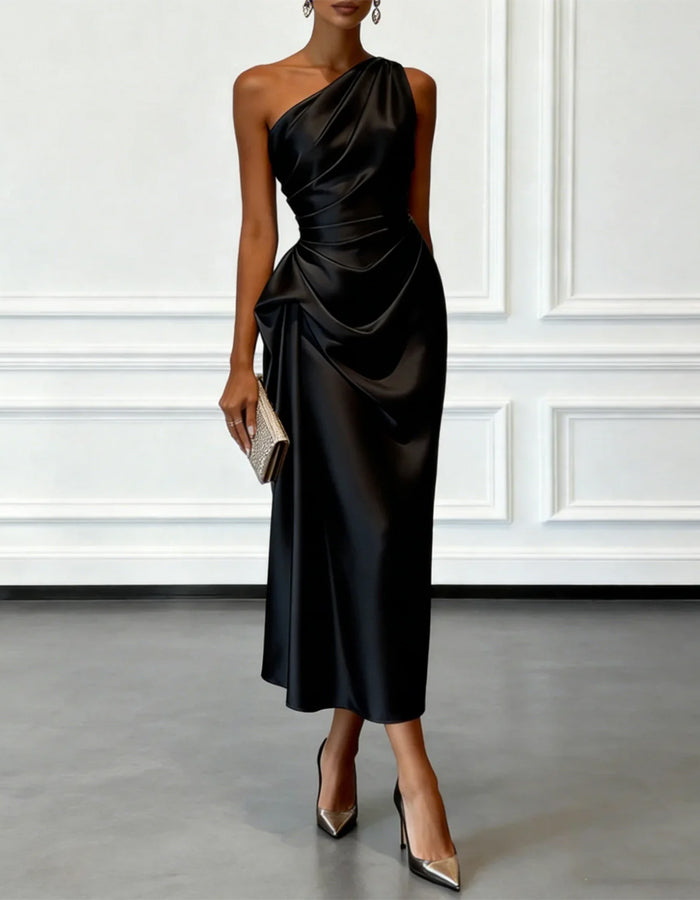 Solid Color Satin One Shoulder Pleated Midi Dress